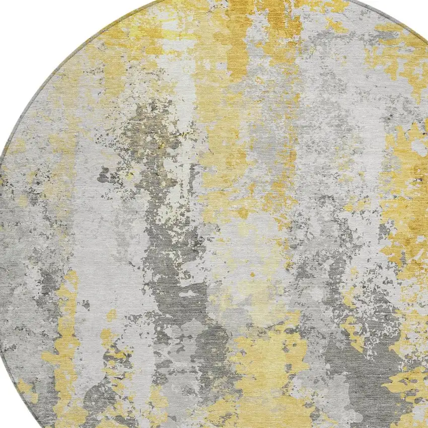 8' Yellow And Ivory Round Abstract Washable Indoor Outdoor Area Rug Photo 4