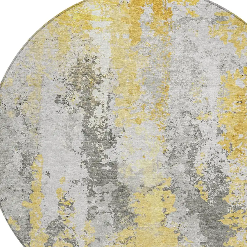 8' Yellow And Ivory Round Abstract Washable Indoor Outdoor Area Rug Photo 9