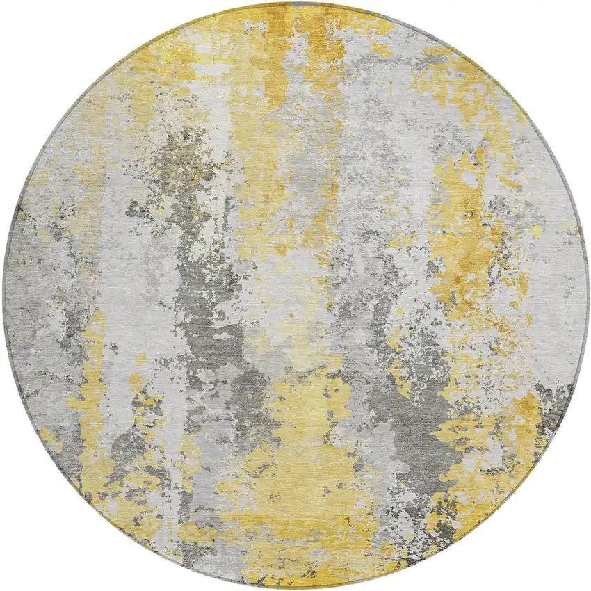 8' Yellow And Ivory Round Abstract Washable Indoor Outdoor Area Rug Photo 1