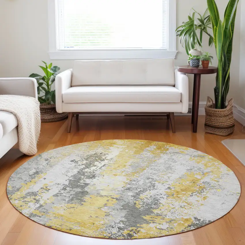 8' Yellow And Ivory Round Abstract Washable Indoor Outdoor Area Rug Photo 6