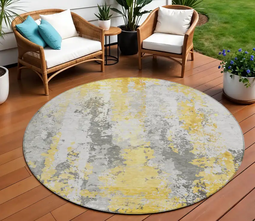 8' Yellow And Ivory Round Abstract Washable Indoor Outdoor Area Rug Photo 2
