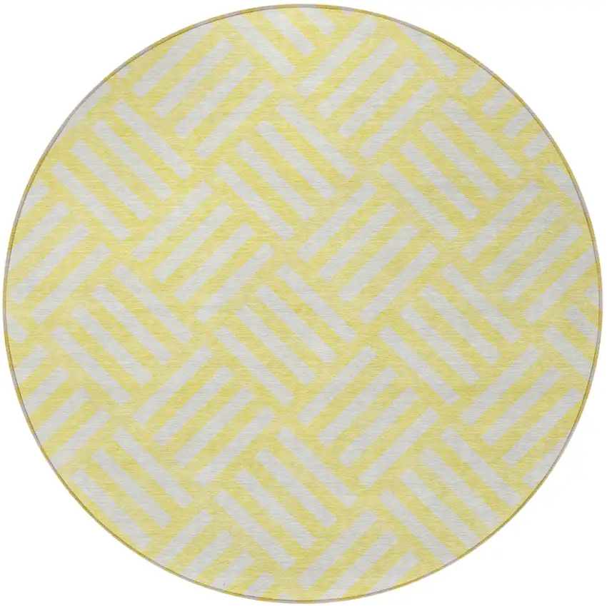 8' Yellow And Ivory Round Geometric Washable Indoor Outdoor Area Rug Photo 5