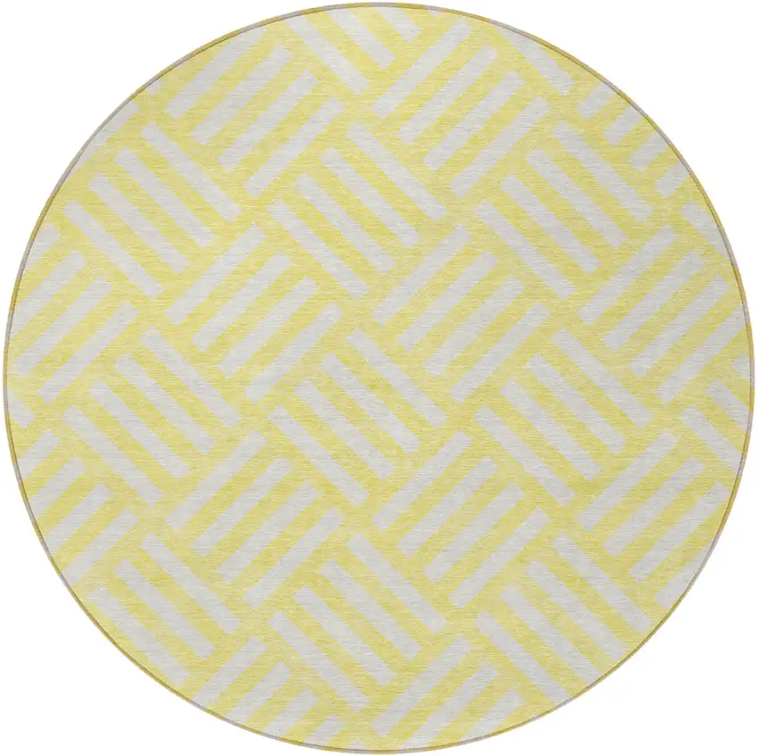 8' Yellow And Ivory Round Geometric Washable Indoor Outdoor Area Rug Photo 5