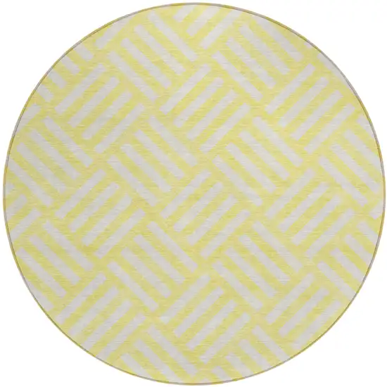 8' Yellow And Ivory Round Geometric Washable Indoor Outdoor Area Rug Photo 2