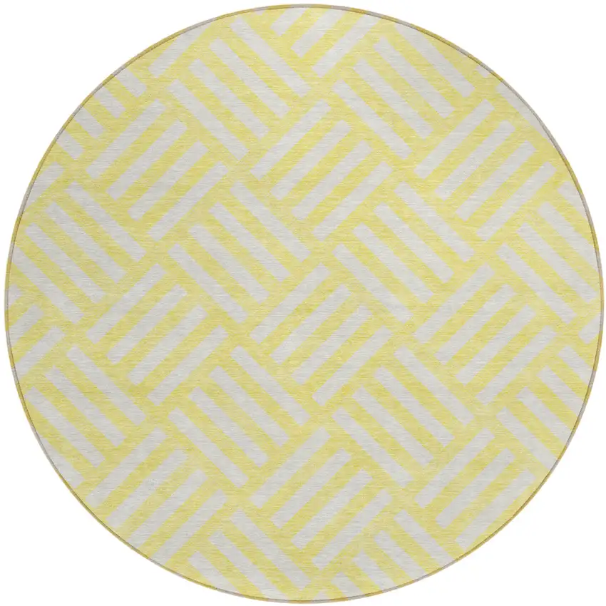 8' Yellow And Ivory Round Geometric Washable Indoor Outdoor Area Rug Photo 2