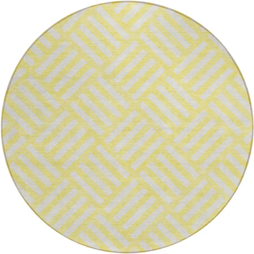 8' Yellow And Ivory Round Geometric Washable Indoor Outdoor Area Rug Photo 2