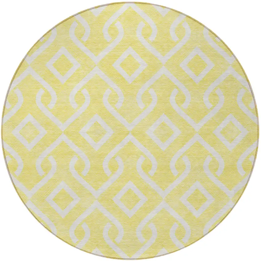 8' Yellow And Ivory Round Geometric Washable Indoor Outdoor Area Rug Photo 4