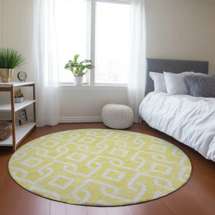 8' Yellow And Ivory Round Geometric Washable Indoor Outdoor Area Rug Photo 6