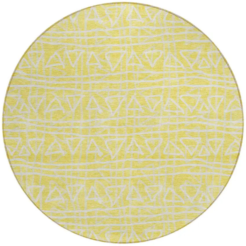 8' Yellow And Ivory Round Geometric Washable Indoor Outdoor Area Rug Photo 3