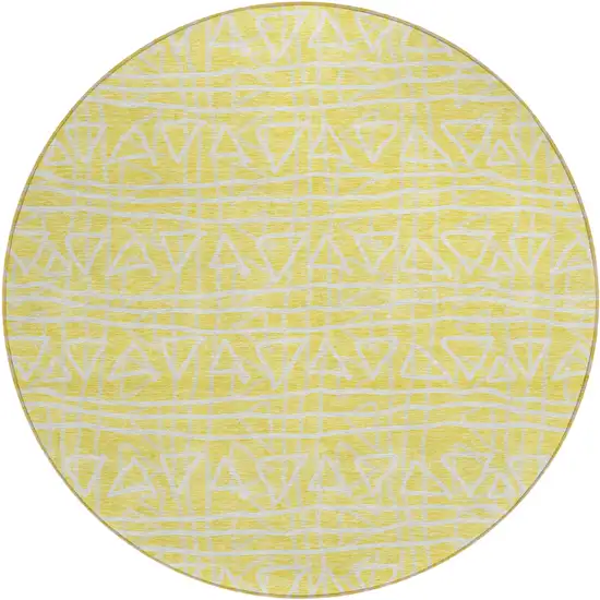 8' Yellow And Ivory Round Geometric Washable Indoor Outdoor Area Rug Photo 2