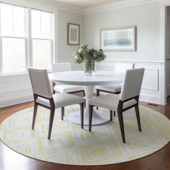 8' Yellow And Ivory Round Geometric Washable Indoor Outdoor Area Rug Photo 8