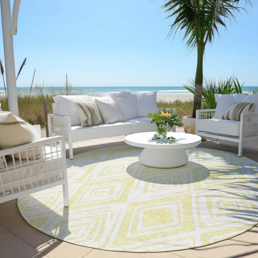 8' Yellow And Ivory Round Geometric Washable Indoor Outdoor Area Rug Photo 7