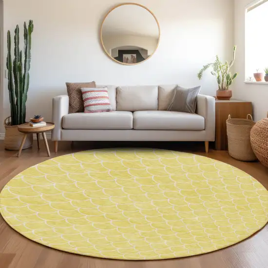 8' Yellow And Ivory Round Geometric Washable Indoor Outdoor Area Rug Photo 8