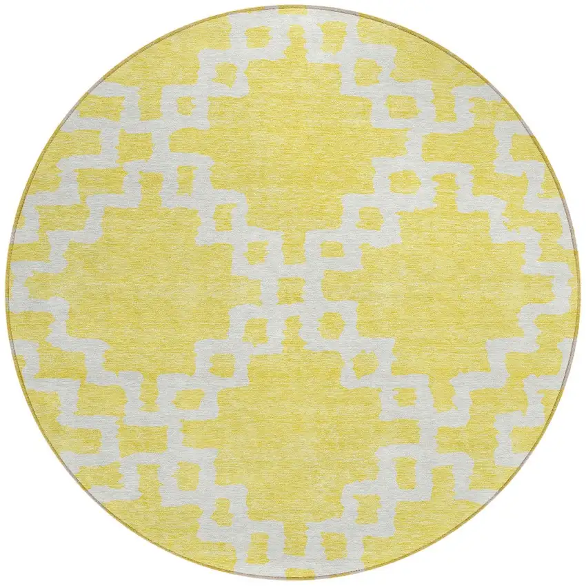 8' Yellow And Ivory Round Geometric Washable Indoor Outdoor Area Rug Photo 6