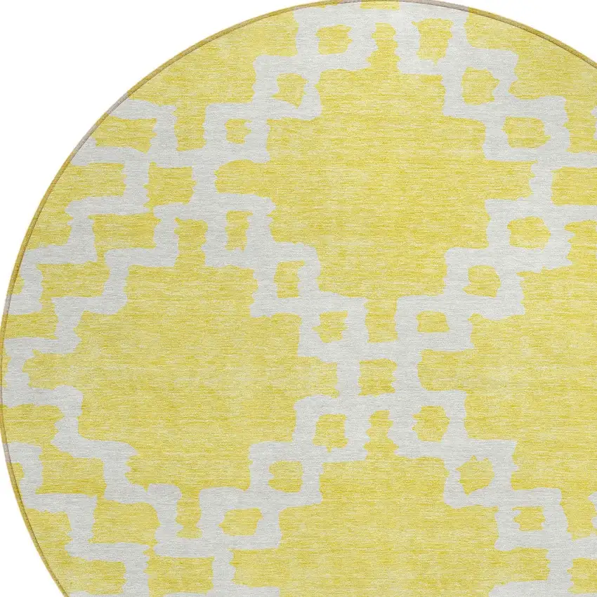 8' Yellow And Ivory Round Geometric Washable Indoor Outdoor Area Rug Photo 5