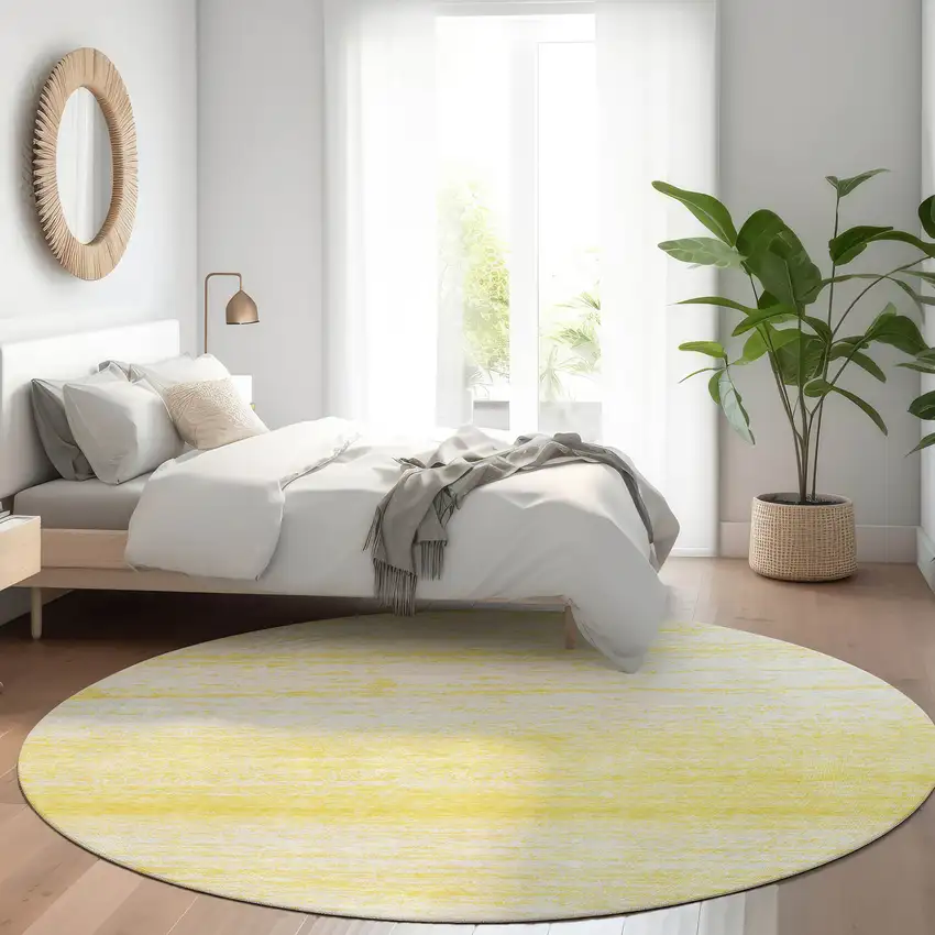8' Yellow And Ivory Round Striped Washable Indoor Outdoor Area Rug Photo 7