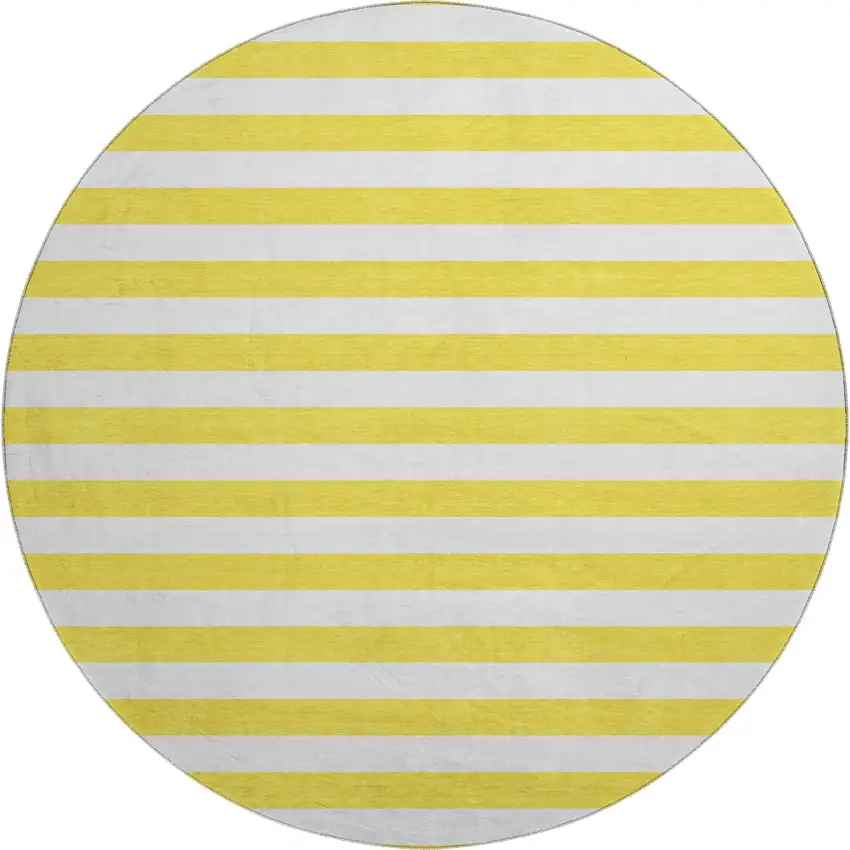 8' Yellow And Ivory Striped Washable Round Rug With UV Protection Photo 1