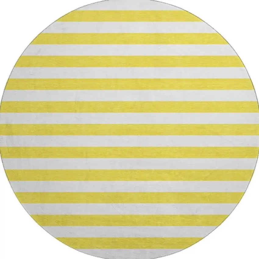 8' Yellow And Ivory Striped Washable Round Rug With UV Protection Photo 4