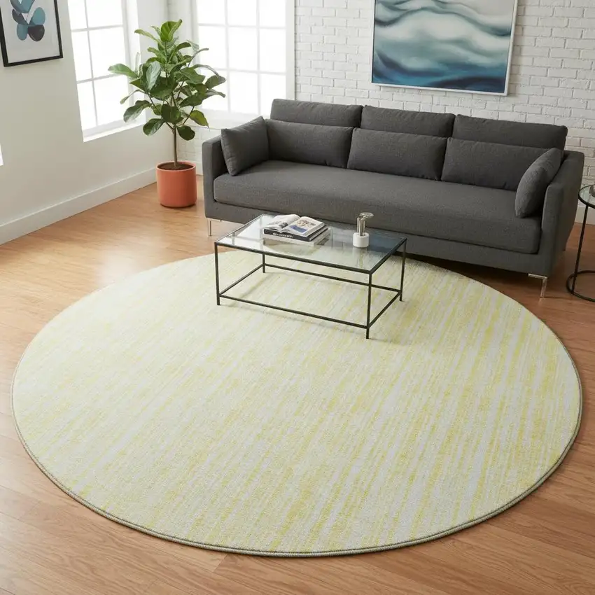 8' Yellow And Ivory Striped Washable Round Rug With UV Protection Photo 2