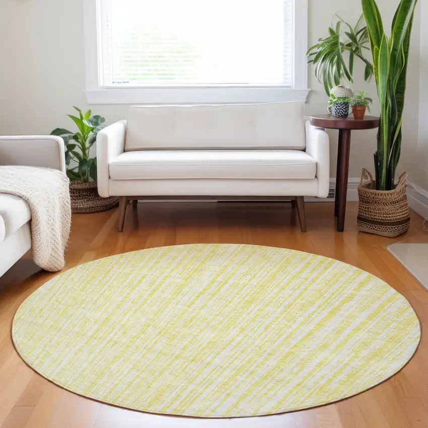 8' Yellow And Ivory Striped Washable Round Rug With UV Protection Photo 5
