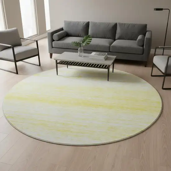 8' Yellow And Ivory Striped Washable Round Rug With UV Protection Photo 2