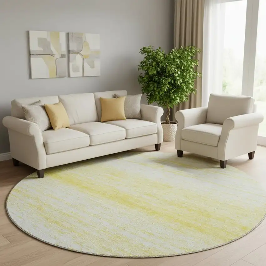 8' Yellow And Ivory Striped Washable Round Rug With UV Protection Photo 1
