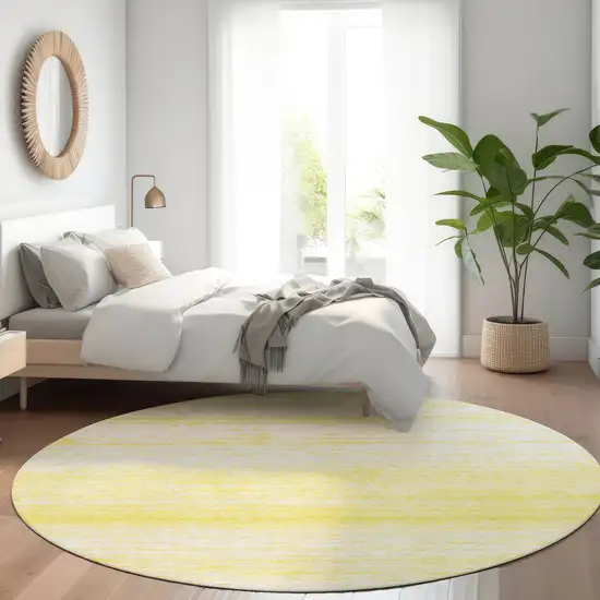 8' Yellow And Ivory Striped Washable Round Rug With UV Protection Photo 5