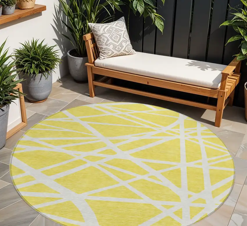 8' Yellow And Linen Round Geometric Washable Indoor Outdoor Area Rug Photo 1
