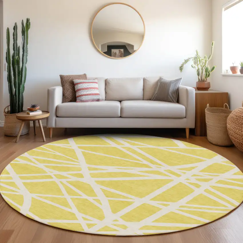 8' Yellow And Linen Round Geometric Washable Indoor Outdoor Area Rug Photo 6