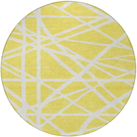 8' Yellow And Linen Round Geometric Washable Indoor Outdoor Area Rug Photo 4