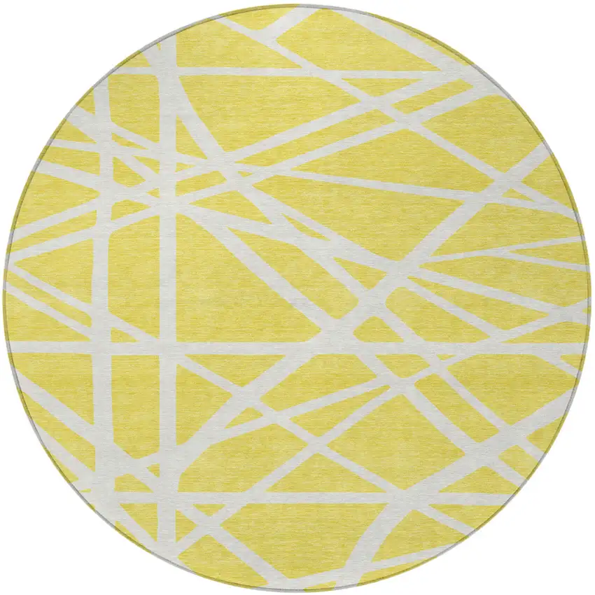 8' Yellow And Linen Round Geometric Washable Indoor Outdoor Area Rug Photo 4