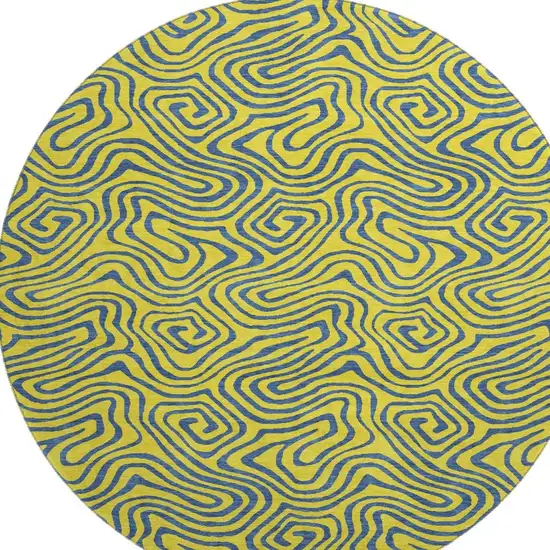 8' Yellow And Navy Blue Abstract Washable Round Rug With UV Protection Photo 4