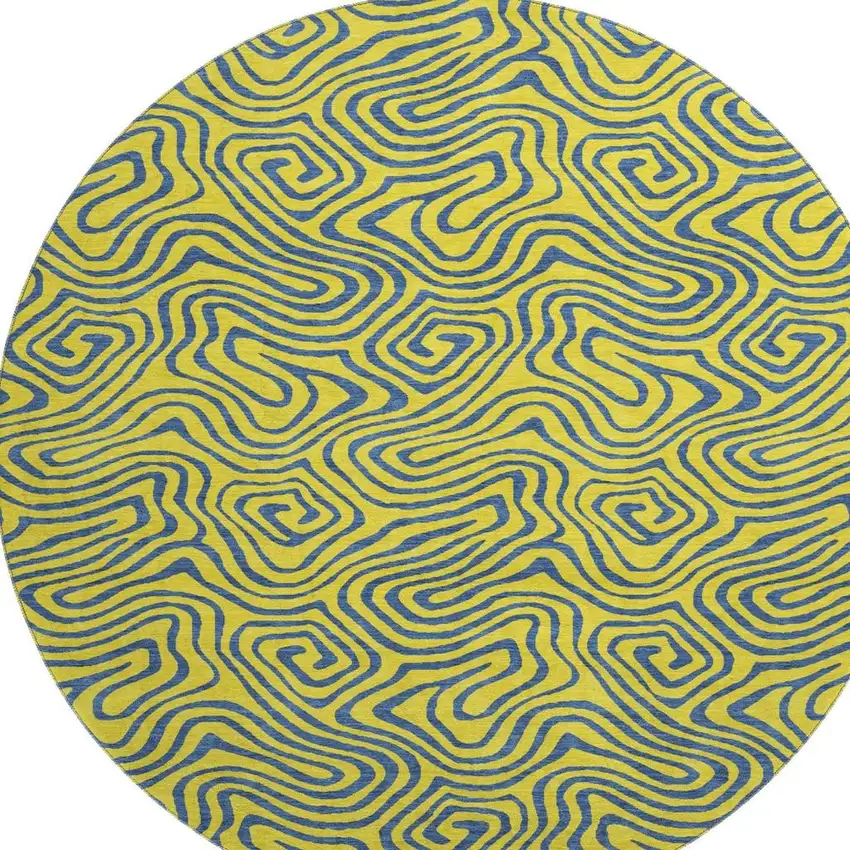 8' Yellow And Navy Blue Abstract Washable Round Rug With UV Protection Photo 4