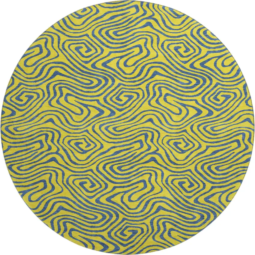 8' Yellow And Navy Blue Abstract Washable Round Rug With UV Protection Photo 1