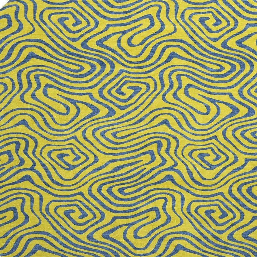 8' Yellow And Navy Blue Abstract Washable Round Rug With UV Protection Photo 2