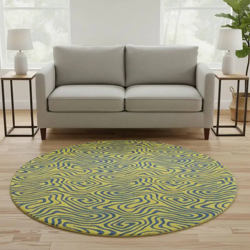 8' Yellow And Navy Blue Abstract Washable Round Rug With UV Protection Photo 2