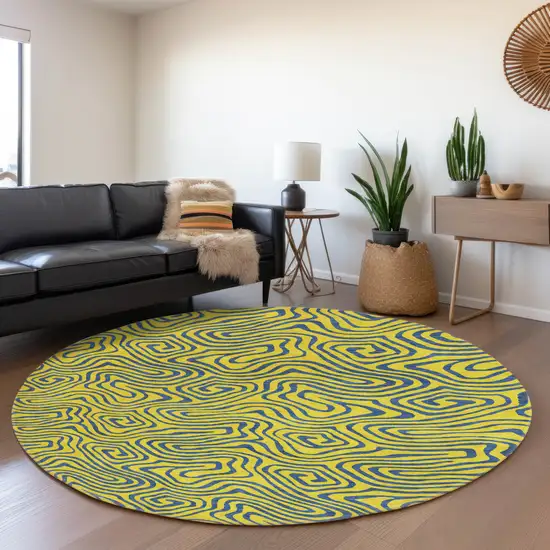 8' Yellow And Navy Blue Abstract Washable Round Rug With UV Protection Photo 4
