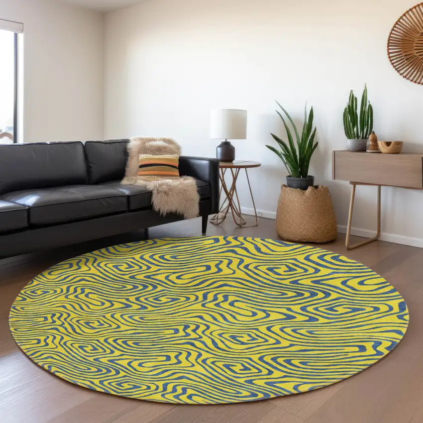 8' Yellow And Navy Blue Abstract Washable Round Rug With UV Protection Photo 4