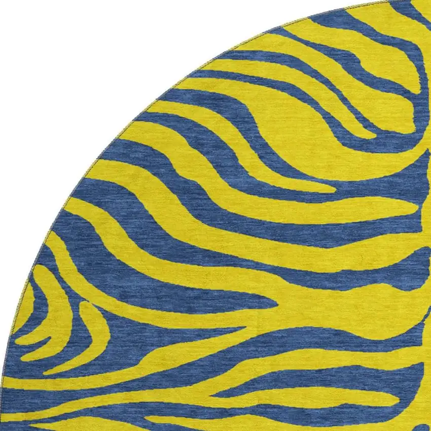 8' Yellow And Navy Blue Animal Print Washable Round Rug With UV Protection Photo 3