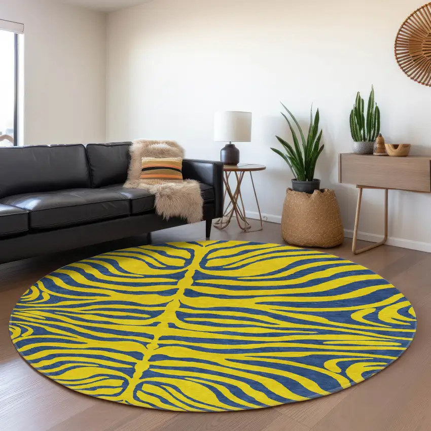 8' Yellow And Navy Blue Animal Print Washable Round Rug With UV Protection Photo 4