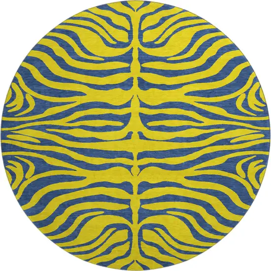 8' Yellow And Navy Blue Animal Print Washable Round Rug With UV Protection Photo 1