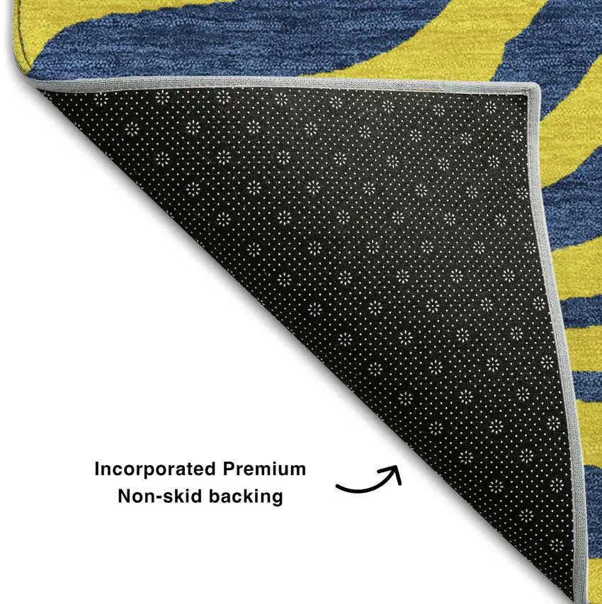 8' Yellow And Navy Blue Animal Print Washable Round Rug With UV Protection Photo 5