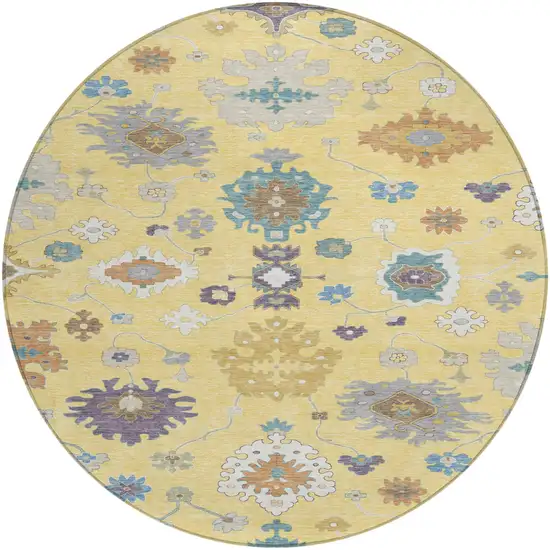 8' Yellow And Teal Blue Round Oriental Washable Indoor Outdoor Area Rug Photo 2