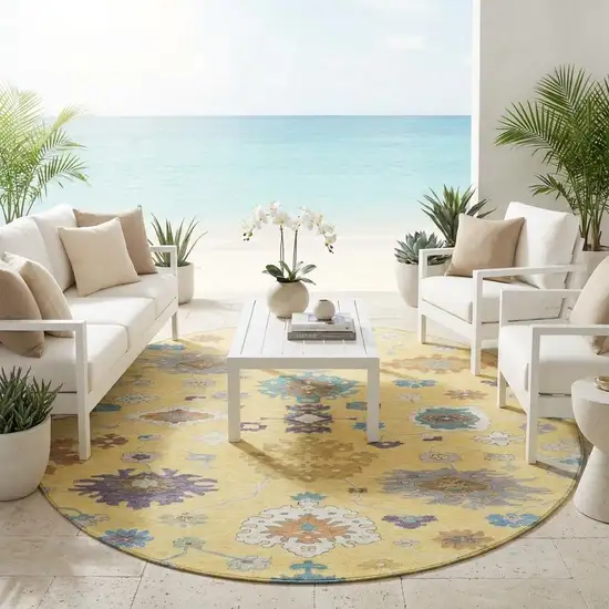 8' Yellow And Teal Blue Round Oriental Washable Indoor Outdoor Area Rug Photo 1