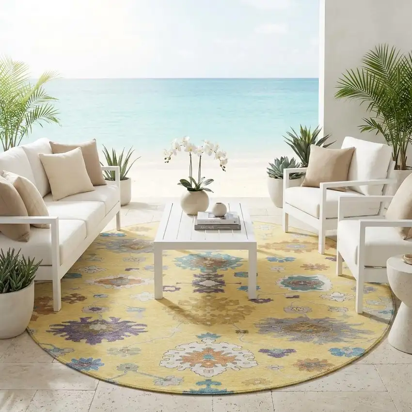 8' Yellow And Teal Blue Round Oriental Washable Indoor Outdoor Area Rug Photo 1