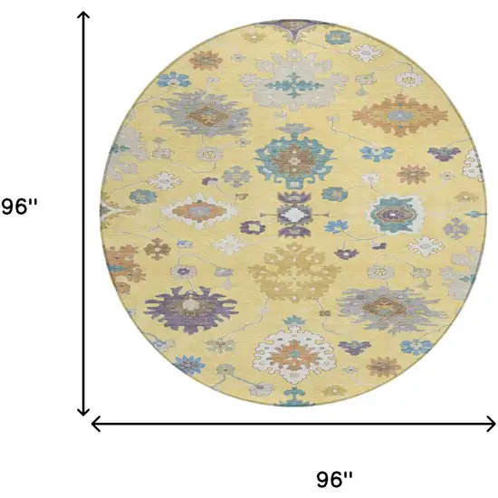 8' Yellow And Teal Blue Round Oriental Washable Indoor Outdoor Area Rug Photo 7