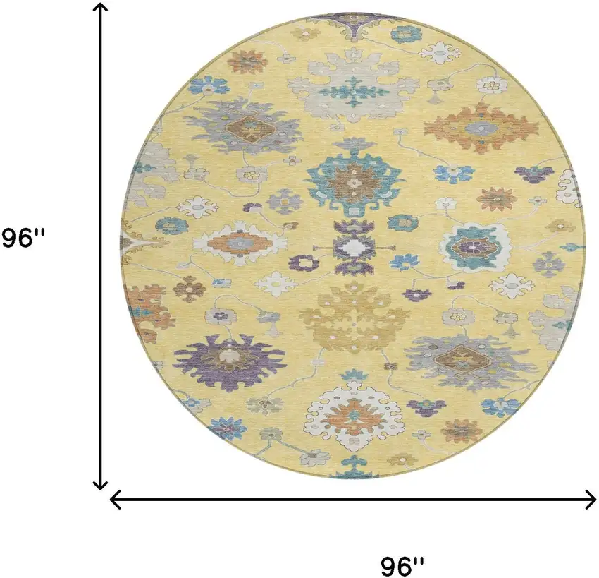 8' Yellow And Teal Blue Round Oriental Washable Indoor Outdoor Area Rug Photo 7