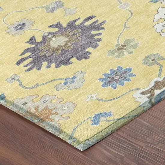 8' Yellow And Teal Blue Round Oriental Washable Indoor Outdoor Area Rug Photo 5