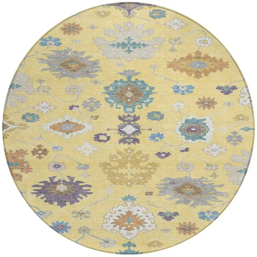 8' Yellow And Teal Blue Round Oriental Washable Indoor Outdoor Area Rug Photo 4