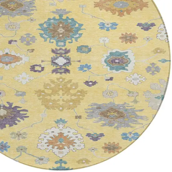 8' Yellow And Teal Blue Round Oriental Washable Indoor Outdoor Area Rug Photo 3